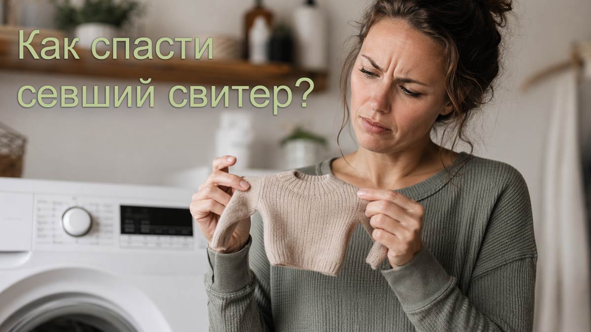 женщина держит в руках севший свитер