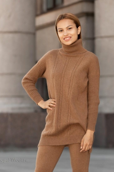 Длинный женский свитер темный camel  192-2-NR