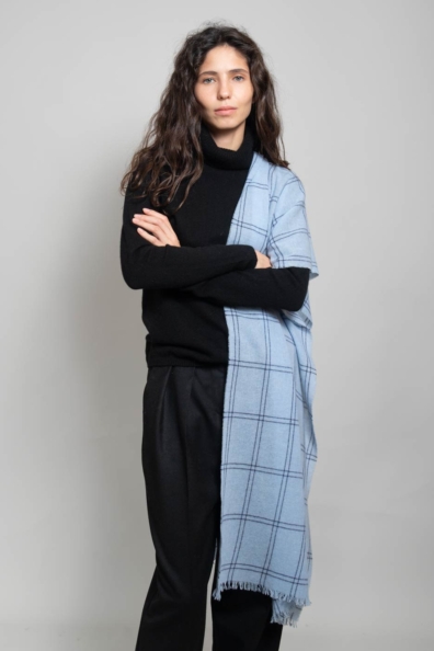 Палантин кашемировый голубой в клетку 154-3G-1