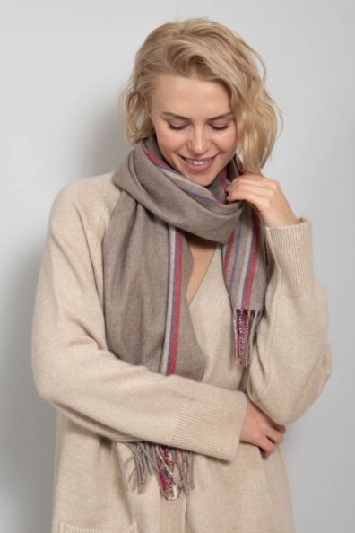 Кашемировый шарф бежевый в полоску 760-29