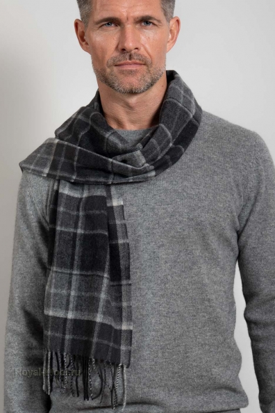 Кашемировый мужской серый шарф клетчатый 760-33-M
