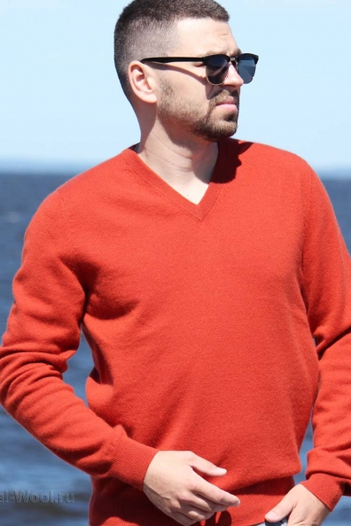 Мужской оранжевый кашемировый пуловер (V-образный вырез) 710-2G
