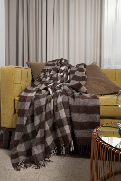 Плед из пуха/шерсти яка коричнево-бежевый в клетку 202-4