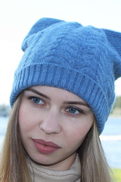 Шапка из кашемира с ушками голубая 750-UL-1