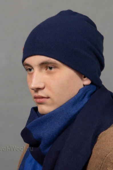 Кашемировая синяя шапка бини 750-M-53