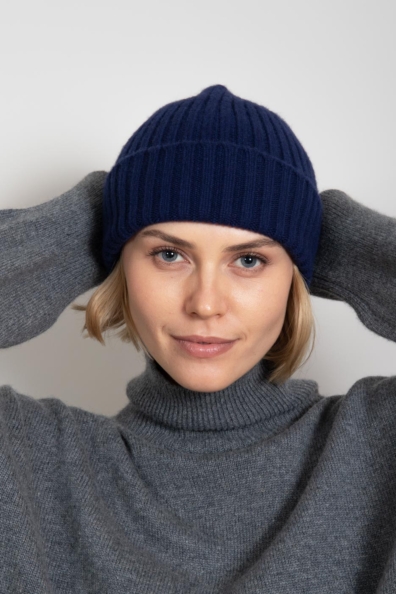 Синяя шапка кашемир вязка «резинка» 750-2-4