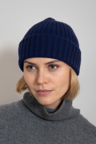 Синяя шапка кашемир вязка «резинка» 750-2-4