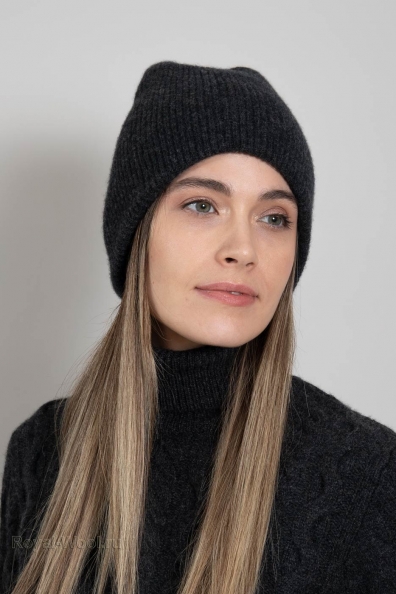 Двойная шапка бини в рубчик (темно-серый кашемир) 750-4-15