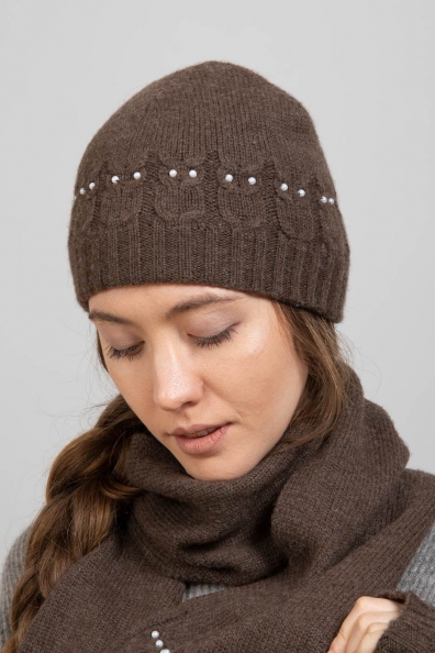 Зимний вязаный женский комплект шапка, шарф, митенки (темно-бежевый) 482-1