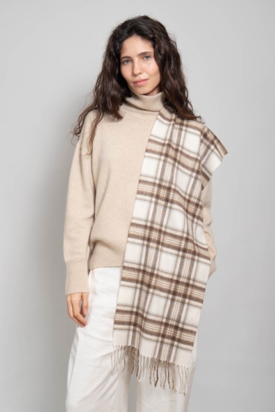 Шарф бежевый кашемир коричневая клетка 760-15