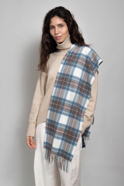 Шарф кашемировый бело-голубая клетка 760-13