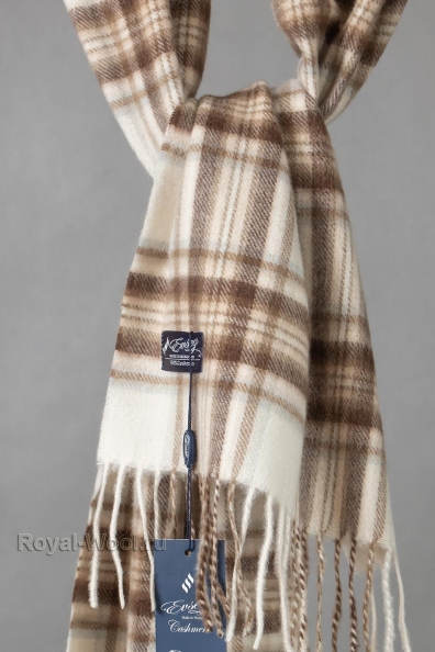 Шарф мужской кашемировый бежевый в коричневую клетку 760-15-M