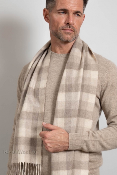 Шарф кашемировый мужской бежевый в клетку 760-28