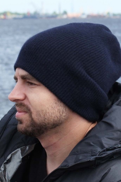 Зимняя мужская синяя двойная шапка 750-4-7M