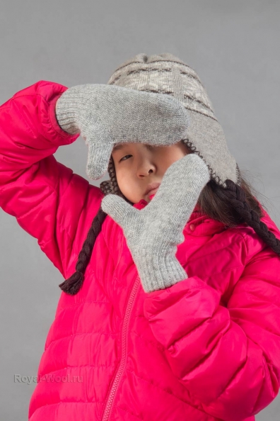 Серые варежки из шерсти яка детские 107-8