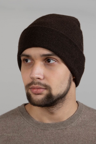Коричневая мужская шапка бини пух яка 195-1-SL-M
