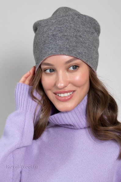 Серая-розовая шапка из кашемира 750-4-26