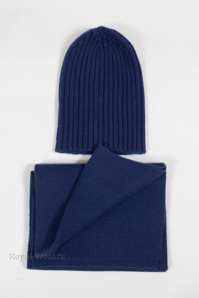 Синий комплект шарф и шапка в рубчик 790-1-20