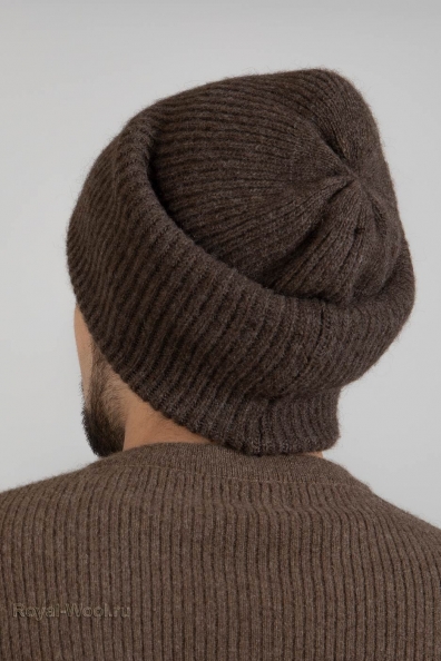 Вязаная мужская шерстяная коричневая шапка 195-3-ULM-2
