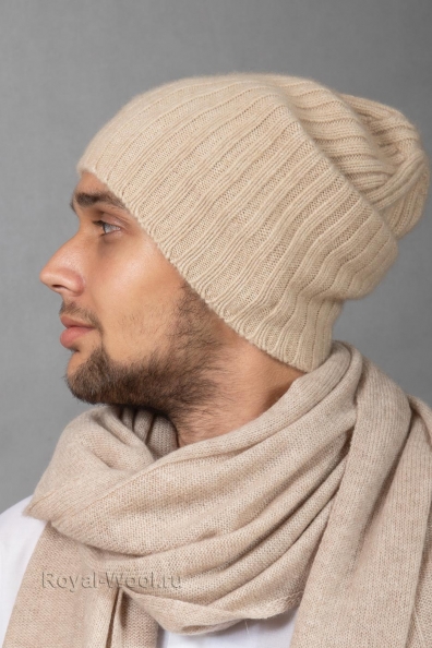 Кремовая мужская кашемировая шапка 750-1-10M