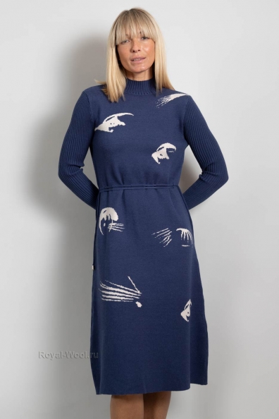 Синее шерстяное платье с рисунком 450-71