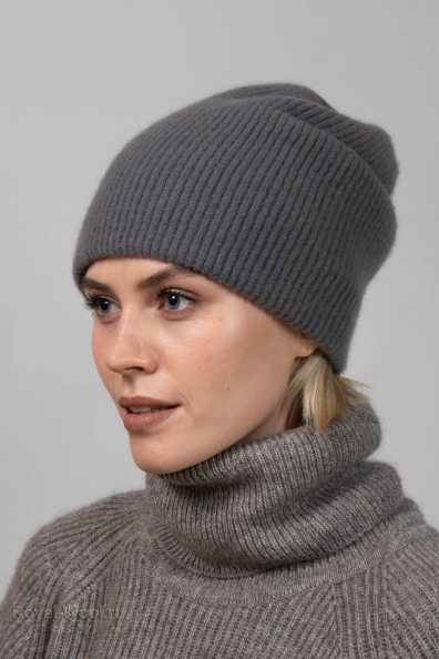 Женская кашемировая шапка серая двойная 750-4-38
