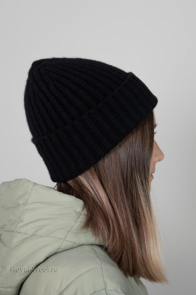 Черная кашемировая шапка колпак/отворот 750-1-17Y
