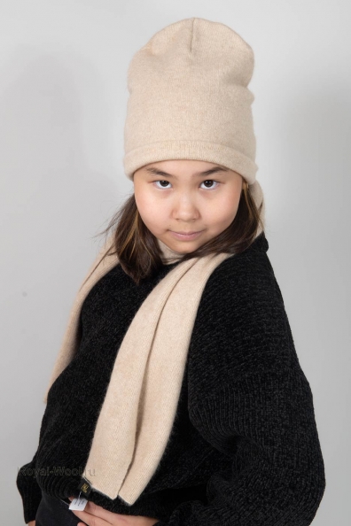 Светло-бежевая шапка бини для девочки 750-5SY