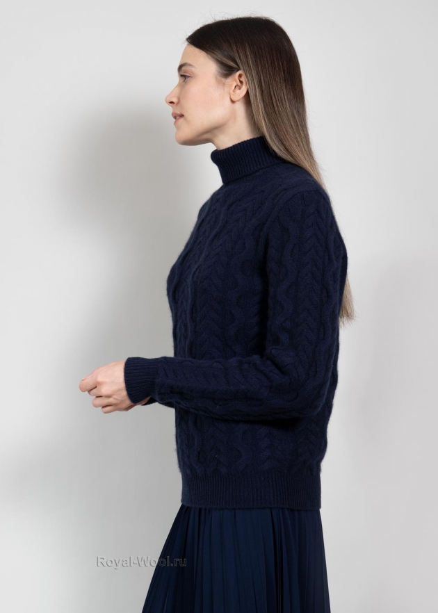 Синий кашемировый свитер косичка фото8