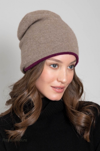 Шапка двухсторонняя фиолетовая фуксия-бежевая 750-SF-11
