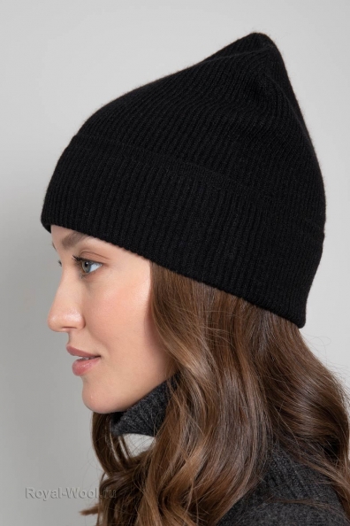Шапка кашемир черная в рубчик 750-E-black