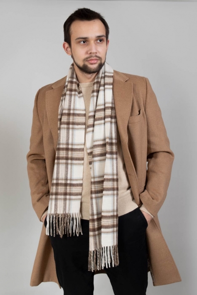 Шарф мужской кашемировый бежевый в коричневую клетку 760-15-M