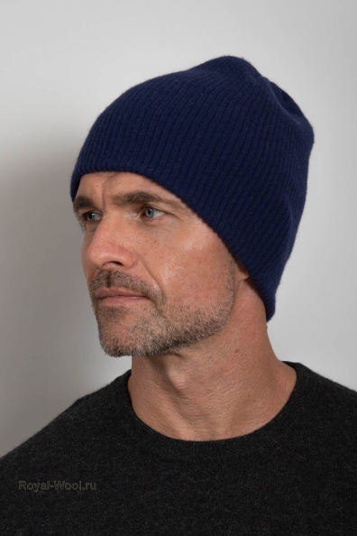 Синяя двойная мужская шапка из кашемира 750-4-5M