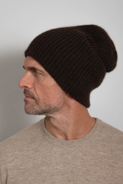 Вязаная мужская коричневая шапка пух яка 195-2-ULM-1