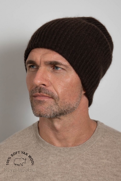 Вязаная мужская коричневая шапка пух яка 195-2-ULM-1