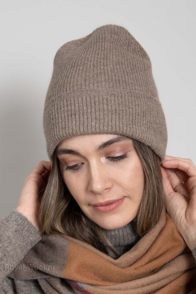 Шапка кашемир бежевая с отворотом 750-E-beige