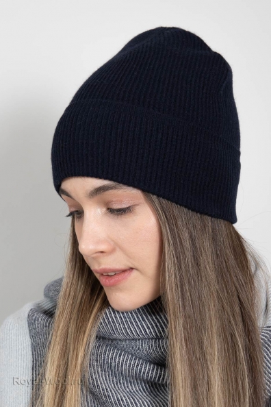 Шапка кашемир темно-синяя в рубчик 750-E-blue
