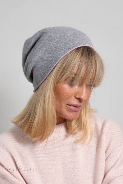 Женская двухсторонняя шапка серая розовая 750-4-43