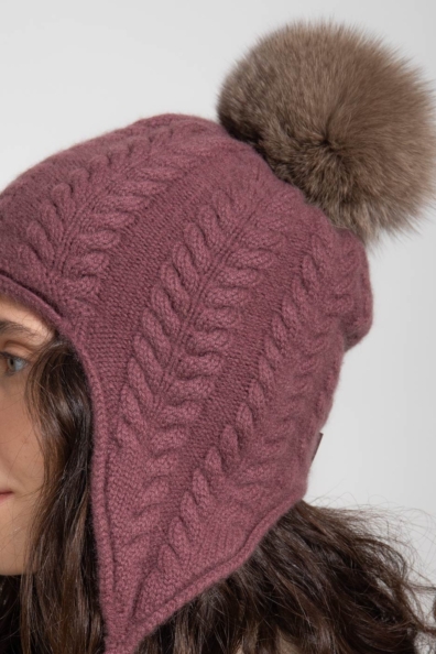 Кашемировая шапка с ушками бежево-лиловая 750-4BB-3