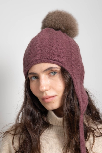 Кашемировая шапка с ушками бежево-лиловая 750-4BB-3