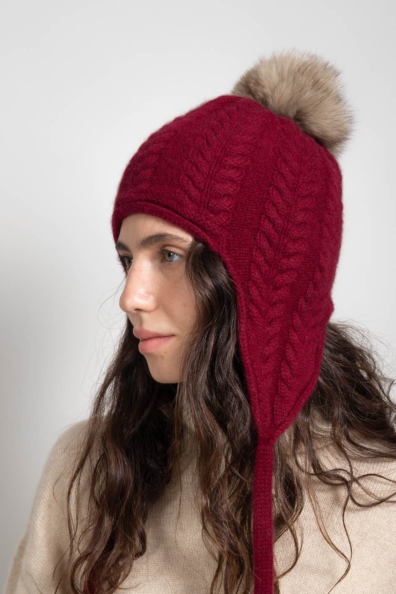 Кашемировая шапка с ушками бордовая 750-4BB-2