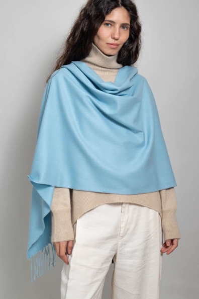 Кашемировый палантин голубой с кистями 154-5-27