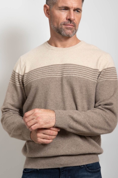 Мужской кашемировый джемпер бежевый в полоску 713-E-11