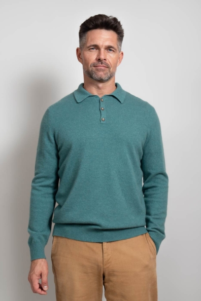 Мужской кашемировый джемпер-поло сине-зеленый 711-BB-1