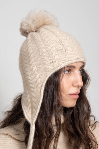 Светло-бежевая кашемировая шапка с ушками 750-4BB-1