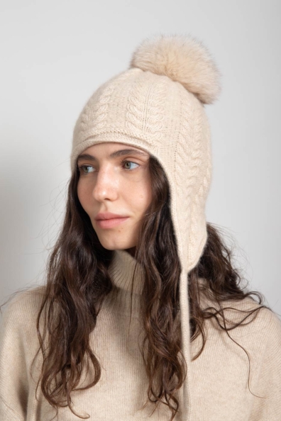 Светло-бежевая кашемировая шапка с ушками 750-4BB-1
