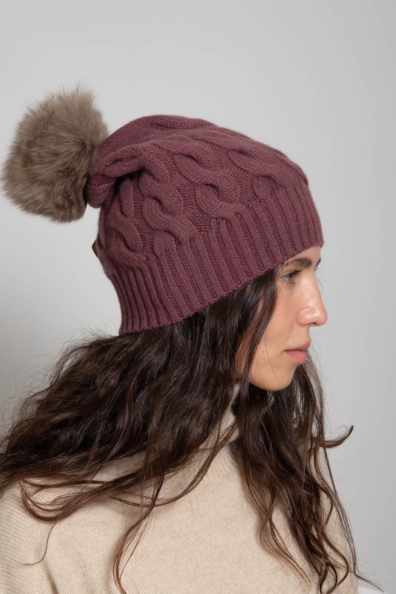 Кашемировая шапка бежево-лиловая косичка 750-3BB-3