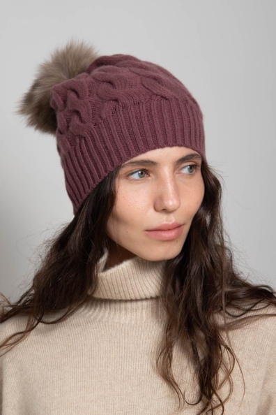 Кашемировая шапка бежево-лиловая косичка 750-3BB-3