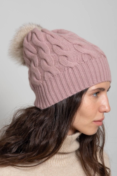 Кашемировая шапка розовая с помпоном 750-3BB-5