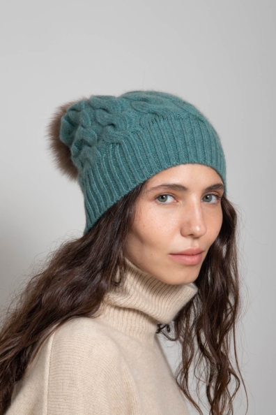 Кашемировая шапка сине-зелёная с помпоном 750-3BB-6
